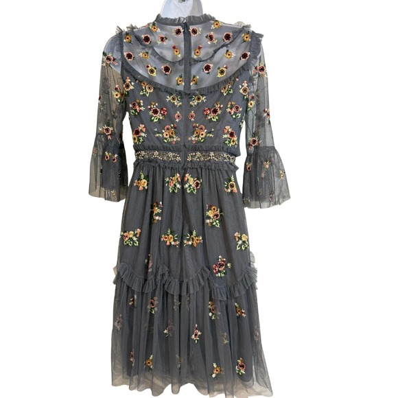 Needle & Thread Blue Floral Embroidered Tulle Midi Dress Fairy Prom Indie Folk - Picture 3 of 13